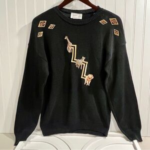 Vintage ADOLFO‎ Knit Sweater Womens M SAFARI Embroidered Animals Artsy Patchwork